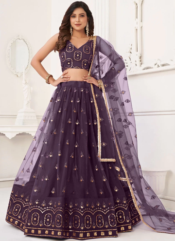 Butterfly Net Zari Embroidery Work Wine Lehenga Choli For Wedding